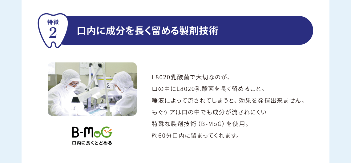 特徴2　口内に成分を長く留める製剤技術