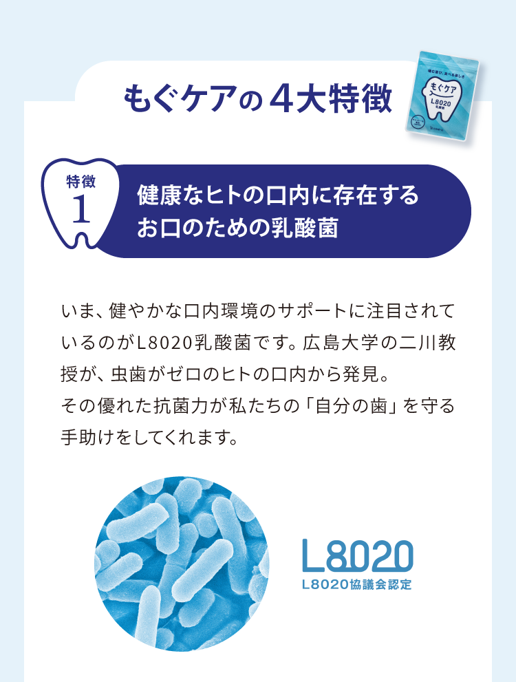 もぐケアの４⼤特徴　特徴1　健康なヒトの口内に存在する お口のための乳酸菌
