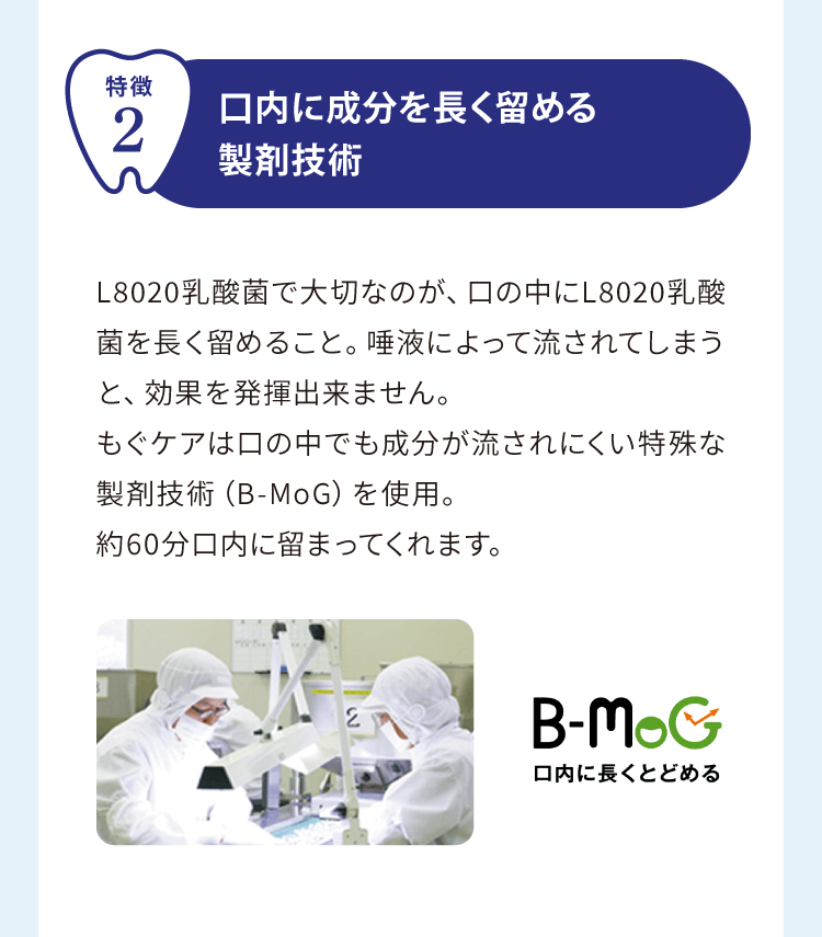 特徴2　口内に成分を長く留める製剤技術